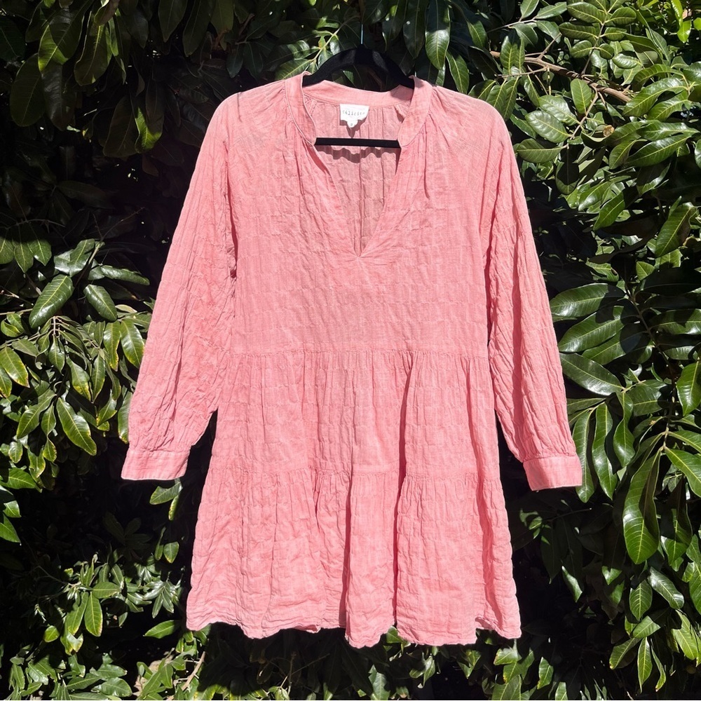 FELICITE‎ pink semi sheer cotton textured long sleeve tiered mini dress